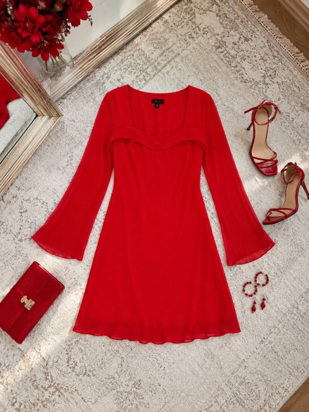 B Darlin Red Long Sleeve Sheer Overlay Mini Dress Size 9/10 NWT